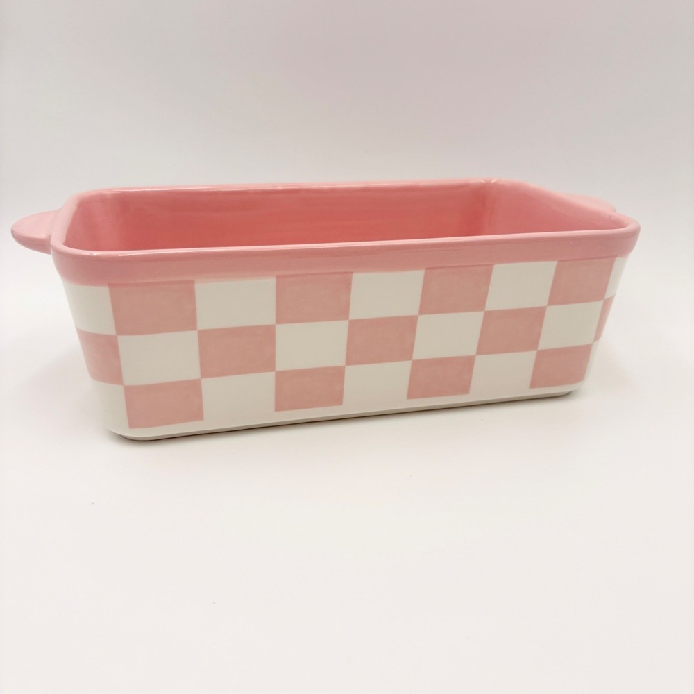 Pink and White Checkered Ceramic Loaf Pan Rectangular Baking Dish with Handles