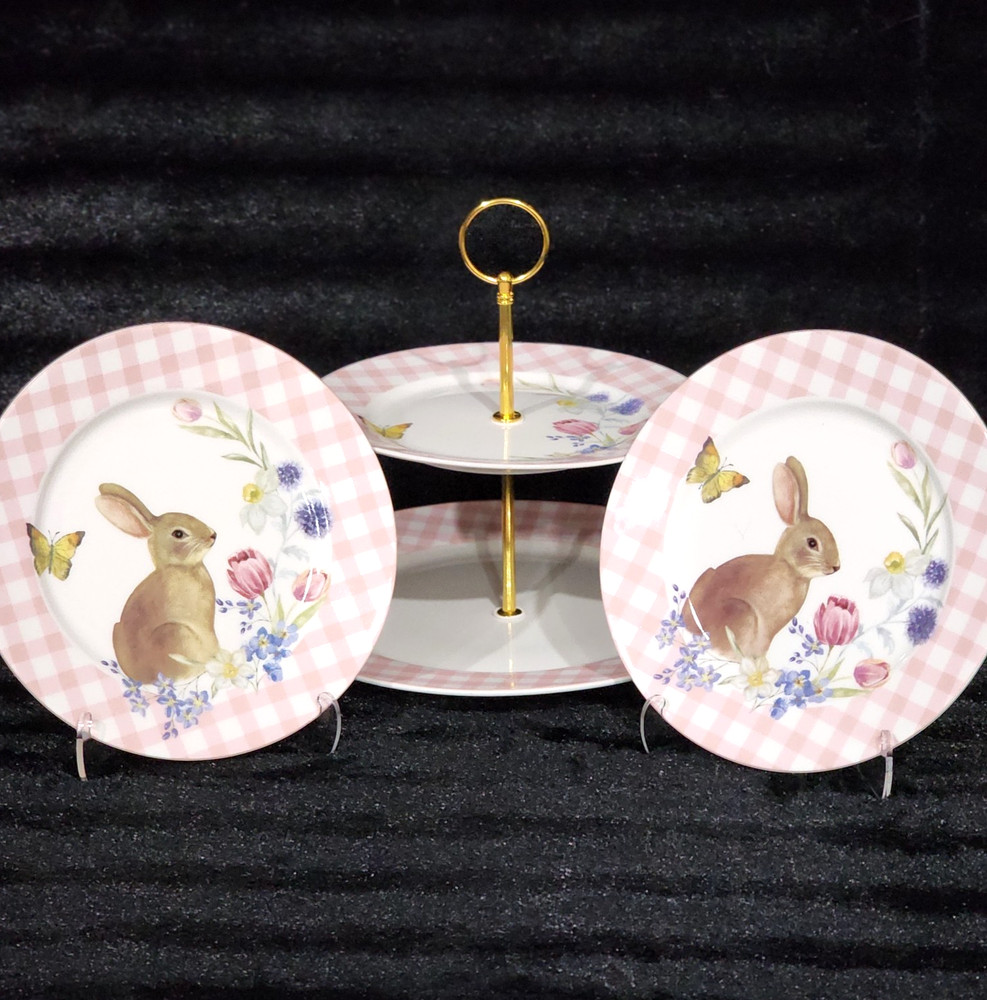 3pc Easter Bunny Pink Gingham 2-Tier Serving Tray Cookie Stand & 2 Salad Plates
