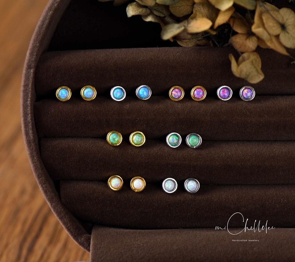 Tiny Opal Stud Earrings, White Green and Blue Opal Stud Earrings, Fire Opal