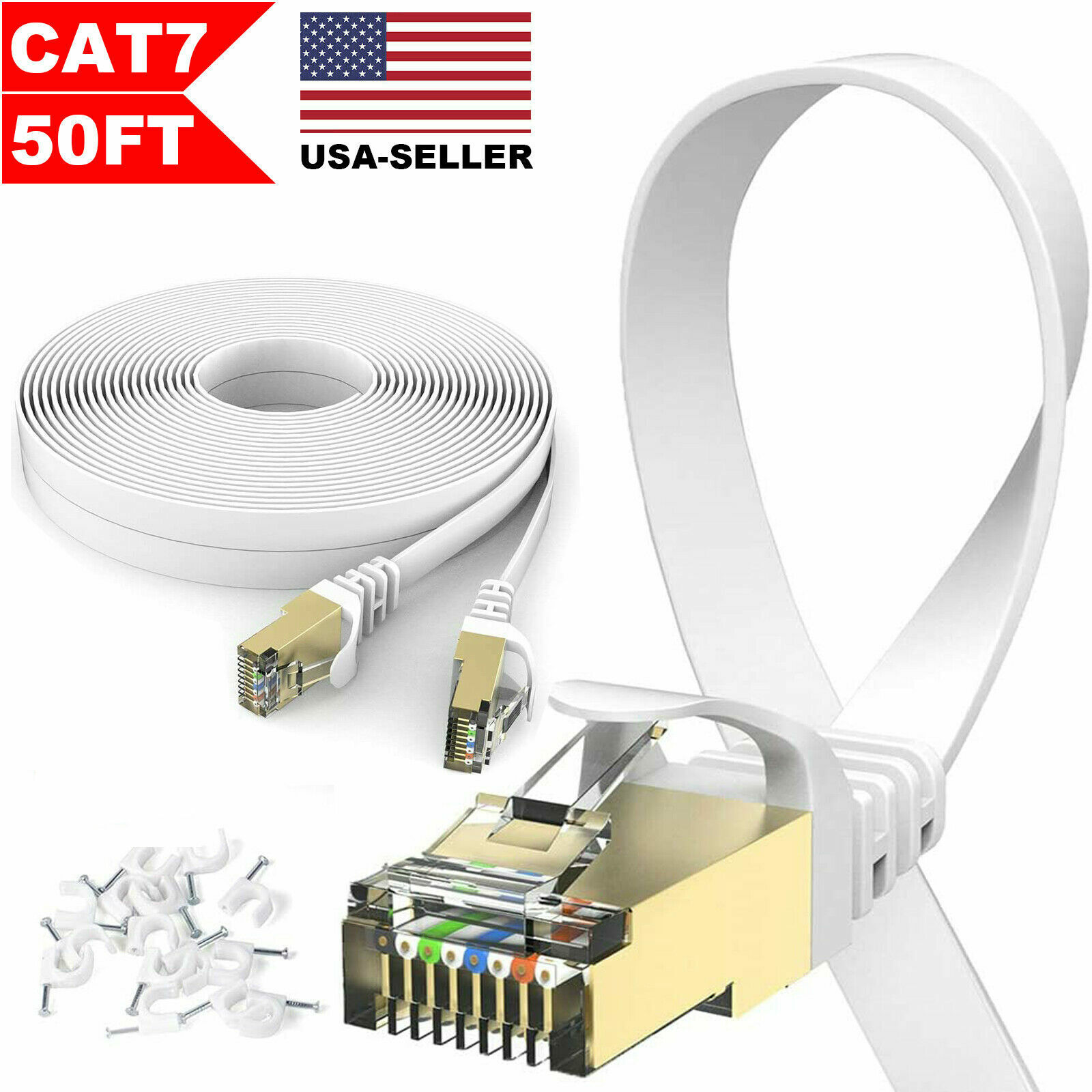 50FT CAT7 CAT 7 Flat Ethernet Cable LAN RJ45 Internet Router Patch Cord 50 Feet
