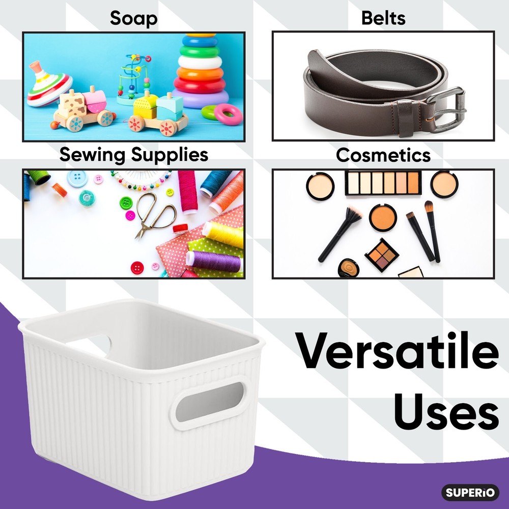 1.5 L Mini Ribbed Storage Bin, Decorative Plastic Storage Baskets, White, 8 Pack