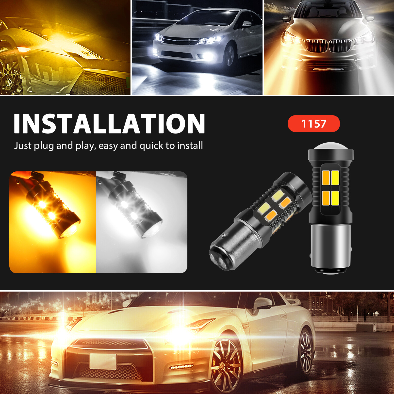 2x White/Amber 1157 LED DRL Switchback Turn Signal Parking Light Bulb Dual Color