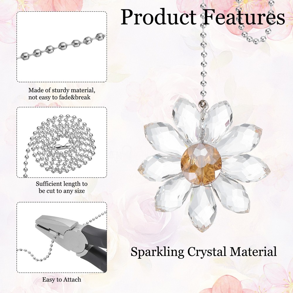 2Pcs Ceiling Fan Pull Chain, 24" Crystal Flower Pendant Chain Extender Clear