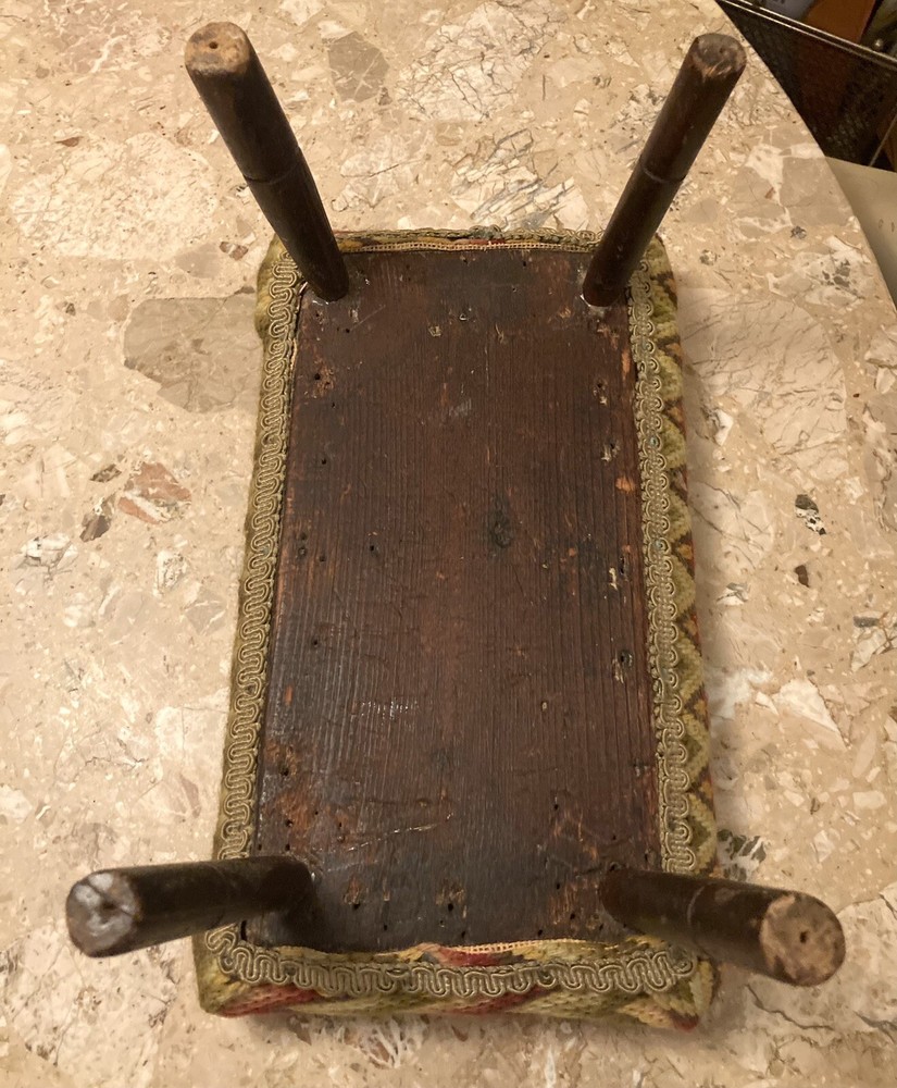 Antique Cricket Stool Zig Zag Needlepoint Top Foot Stoop