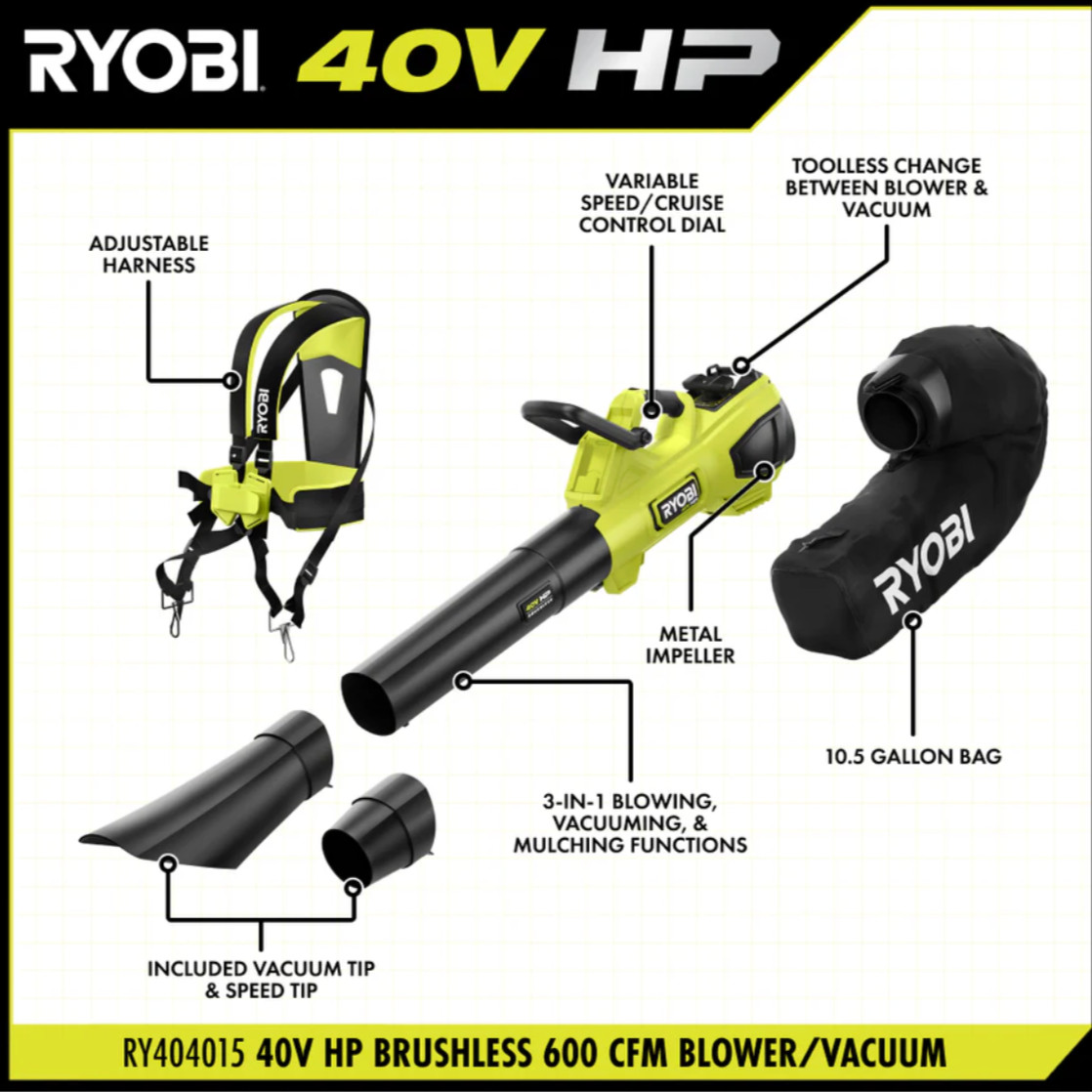 Ryobi 40V HP Brushless Blower/Vacuum/Mulcher 600 CF- Model RY404150 (Tool Only)