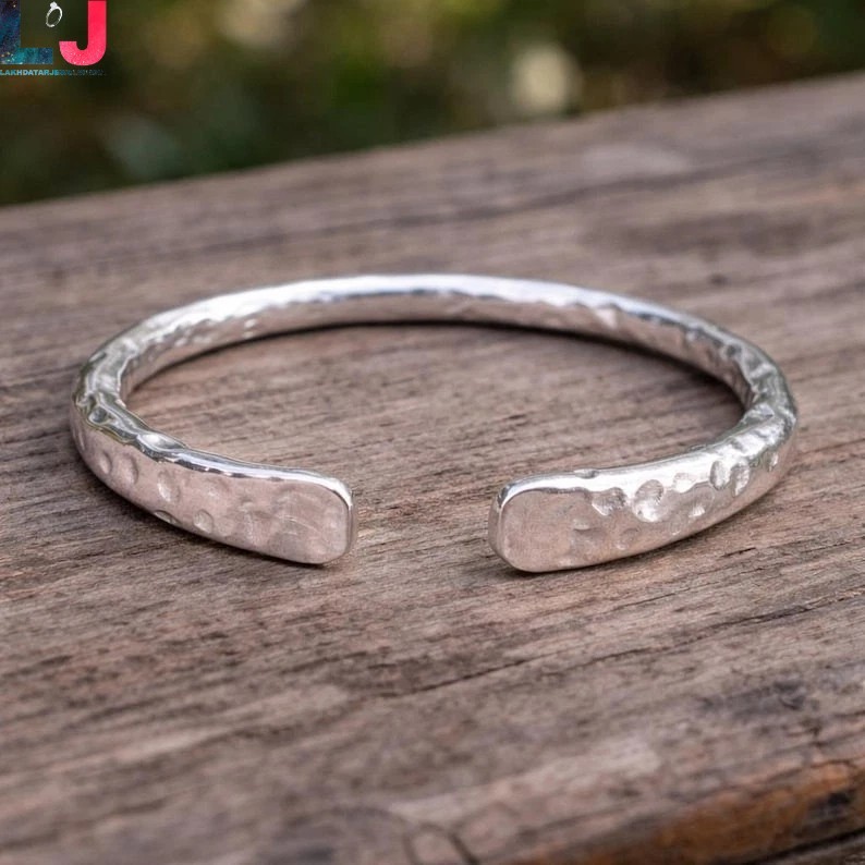 Hammered Rounded Bangle 925 Sterling Silver Solid 4mm Cuff Bracelet Mens Bangle