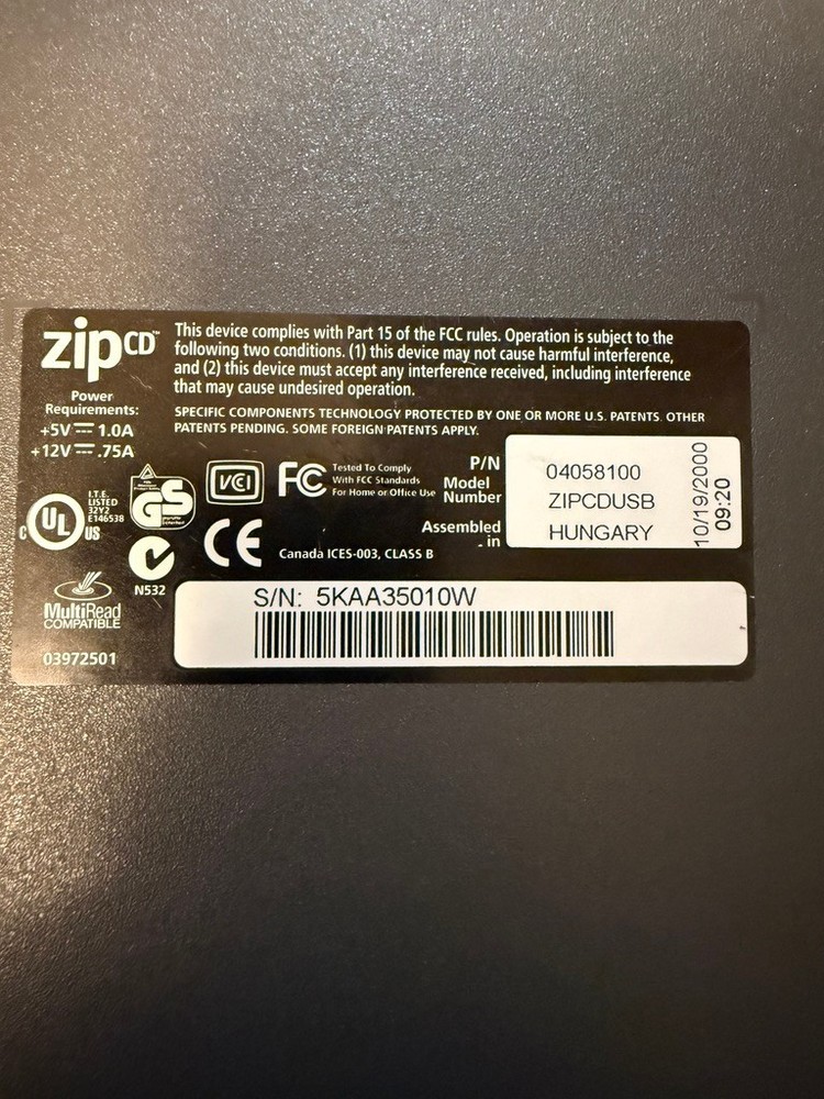 IOMEGA ZIP CD 650 Drive ZIPCDUSB Only - Missing Power Cable.