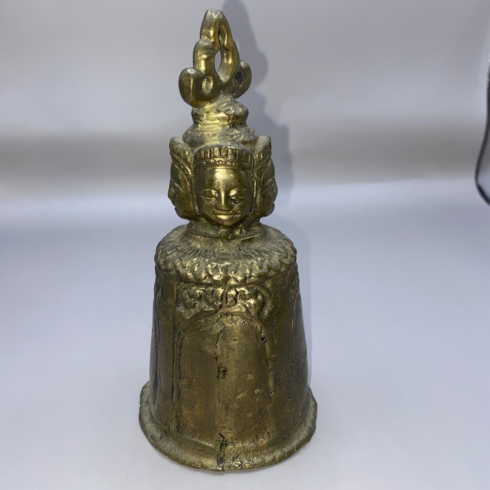 Antique BRONZE TEMPLE BELL Buddhist Tibetan Ritual Temple Bell W/ 4 Faces Handle