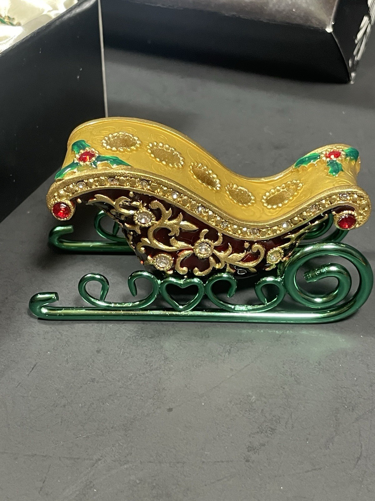 Bejeweled Bombay Christmas Sleigh w Cocktail Picks Forks Enameled In Box