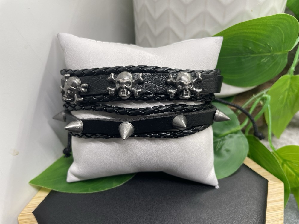 2 PC Leather Bracelet  Stackable Adjustable Tie Free Crossbones Charm B5218