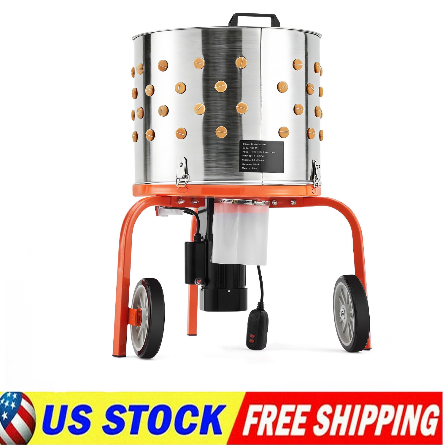 20" Chicken Plucker Machine Poultry Plucker SS Drum, 3500RPM Motor ,108 Fingers