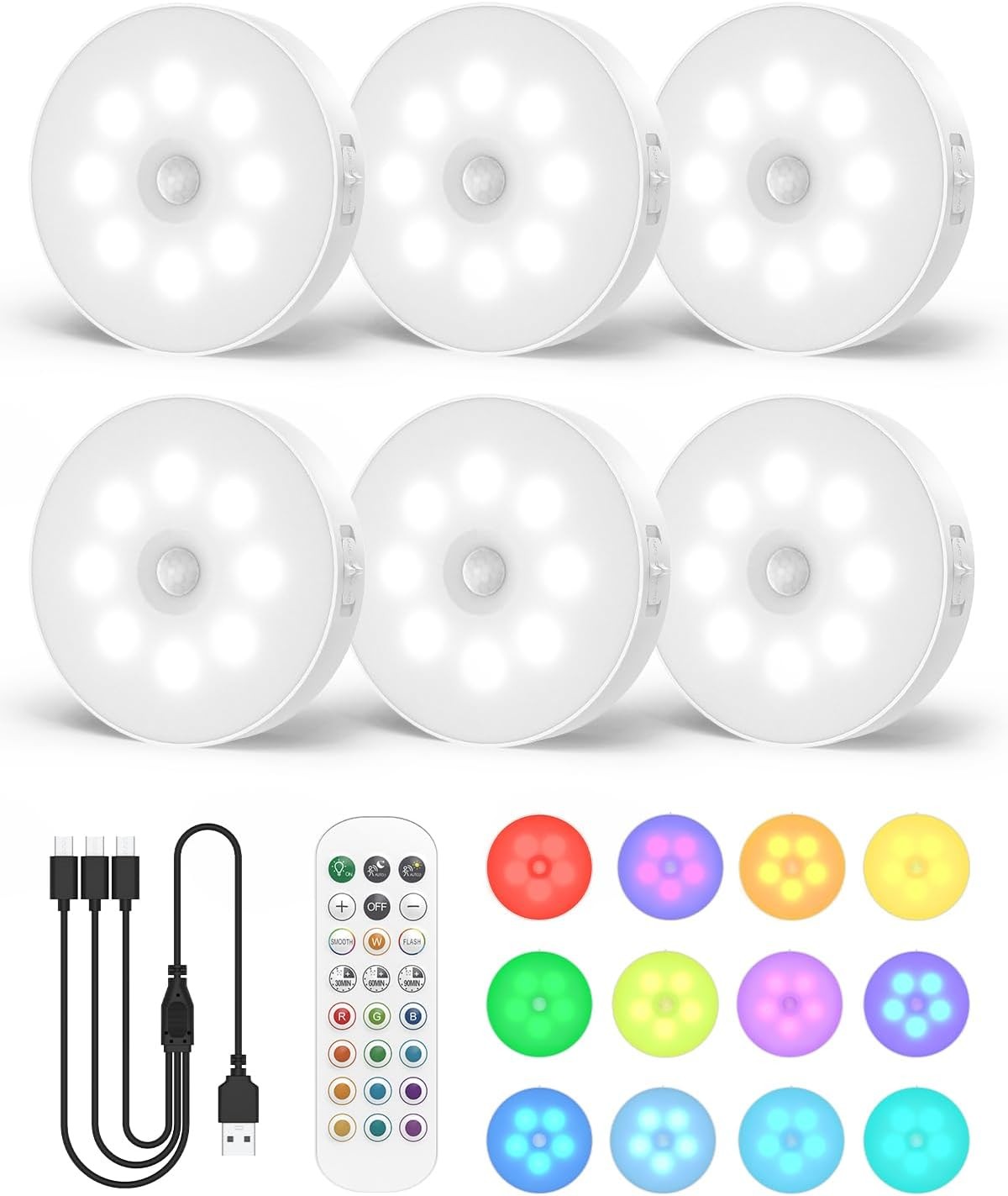 6Pcs RGB Rechargeable Puck Lights with Remote,16 Color Motion Sensor Puck Lights