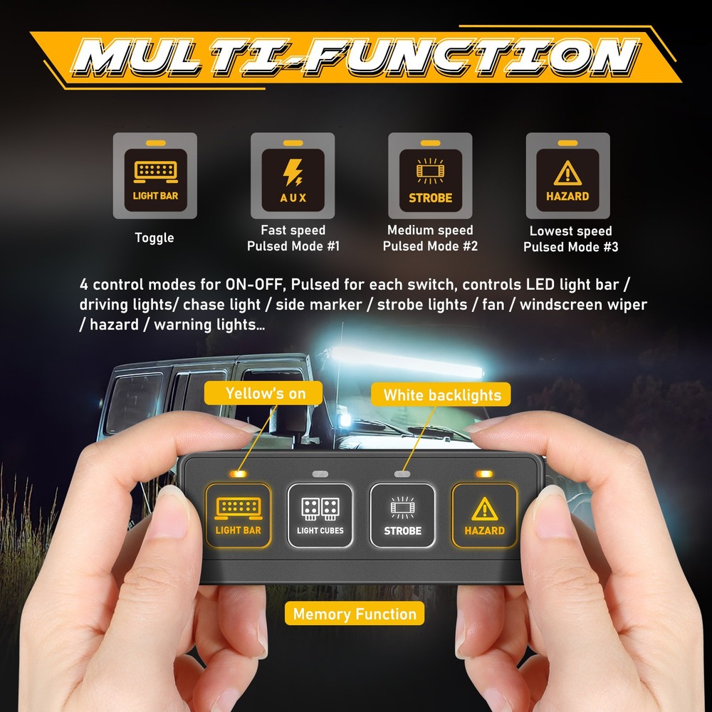 For Jeep Gladiator Wrangler Wireless 4 Gang Switch Panel LED Lights Control Box