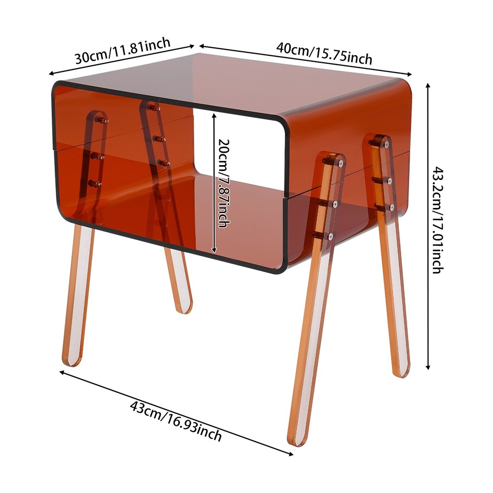 Acrylic Side Table, Brown 2-Tier End Table with Open Storage for Small Spaces
