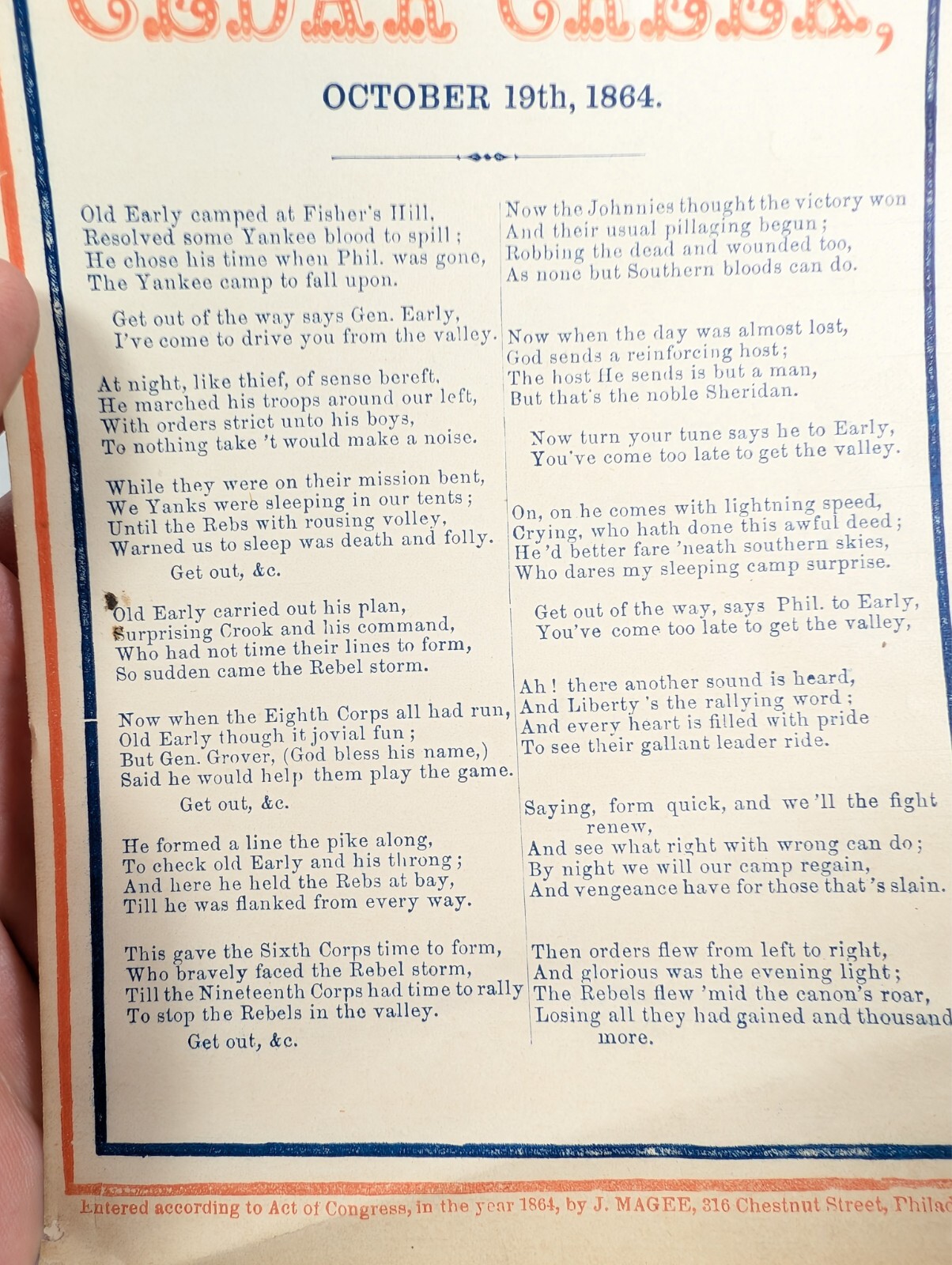 Civil War Liberty and Union Forever The Battle of Cedar Creek Song Sheet 1864