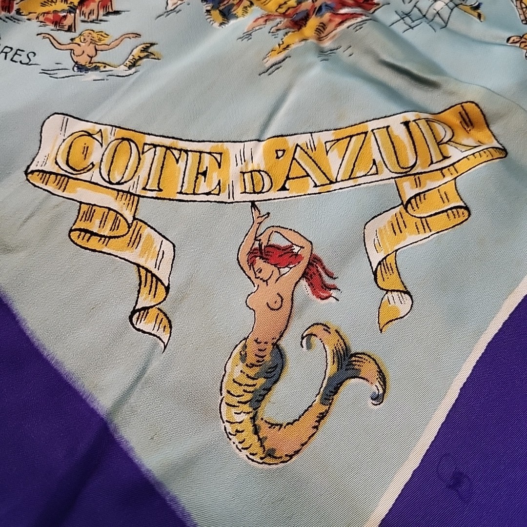 Vtg 50s/60s Côte d'Azur Silk Souvenir Scarf - French Riviera Map Mermaid 30"