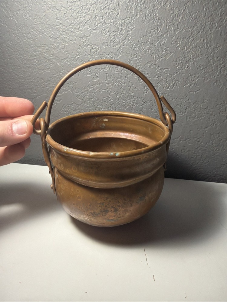 Vintage Solid Copper Cauldron Pot with Swing Handle Rustic Farmhouse Decor