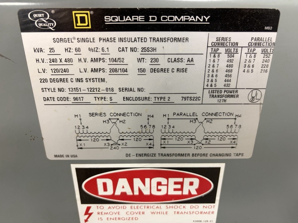 Square D 25S3H 25 KVA Single Phase Transformer
