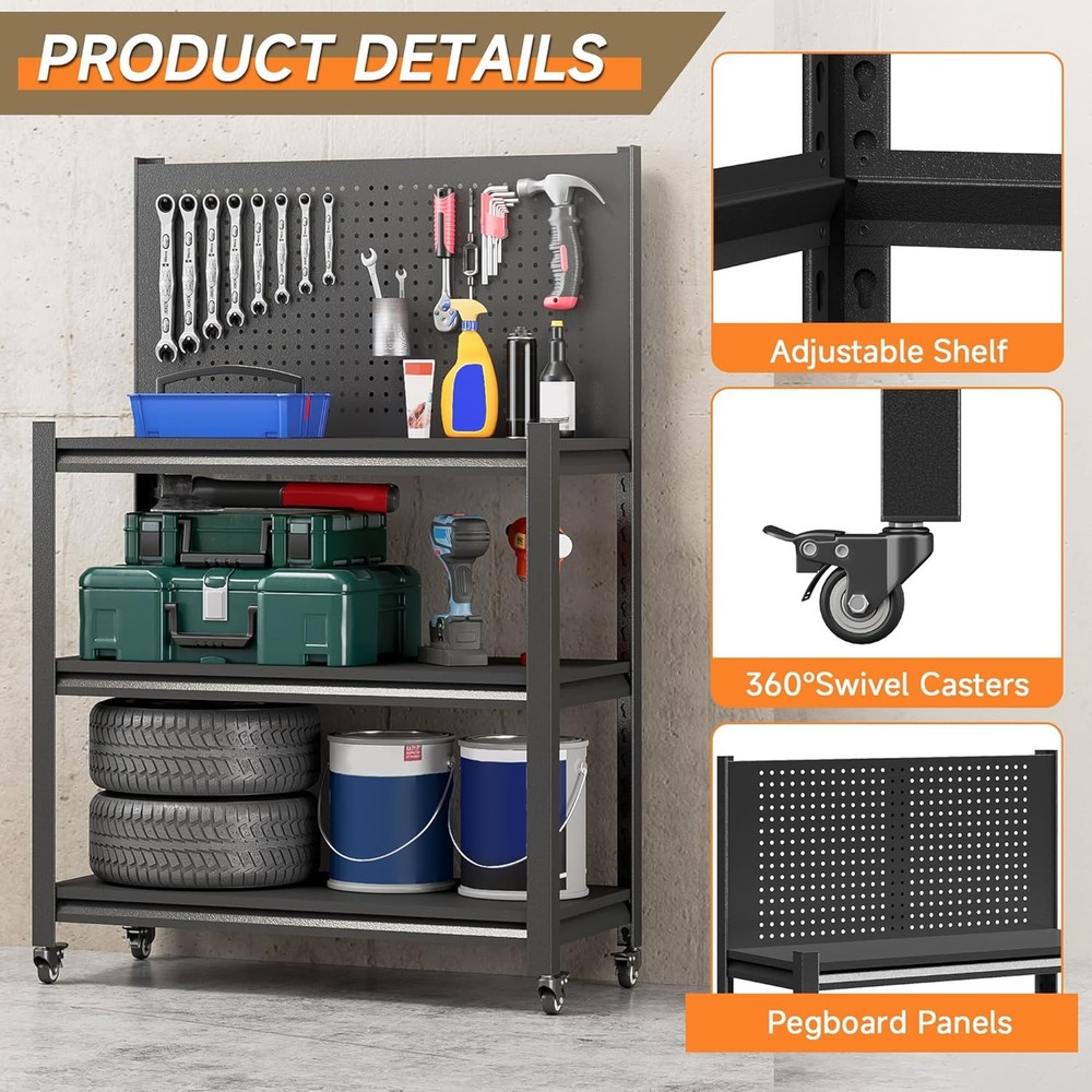 Workbench Pegboard, Adjustable Heavy Work Table Wheels,48" x 18" x 34",Black