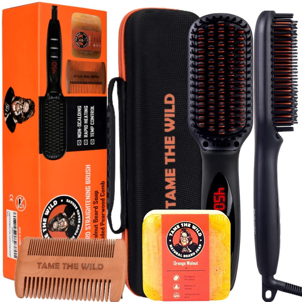 Beard Straightener for Men Kit - Includes Portable Heated Beard Brush, Beard ...