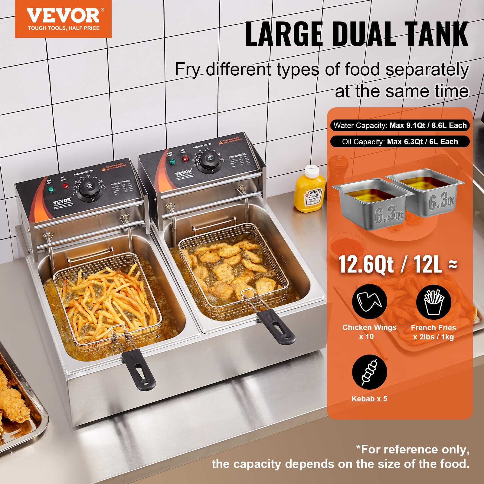VEVOR Commercial Electric Deep Fryer Countertop Fryer 3000W Dual Tank 2x9Qt/8.6L
