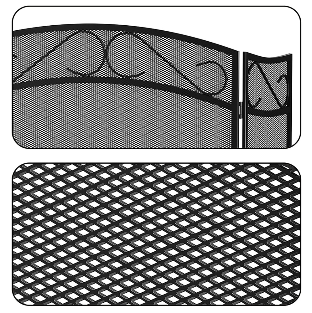 3 Panel Wrought Iron Fireplace Mesh Black Screen Guard Traditional Scrollwork
