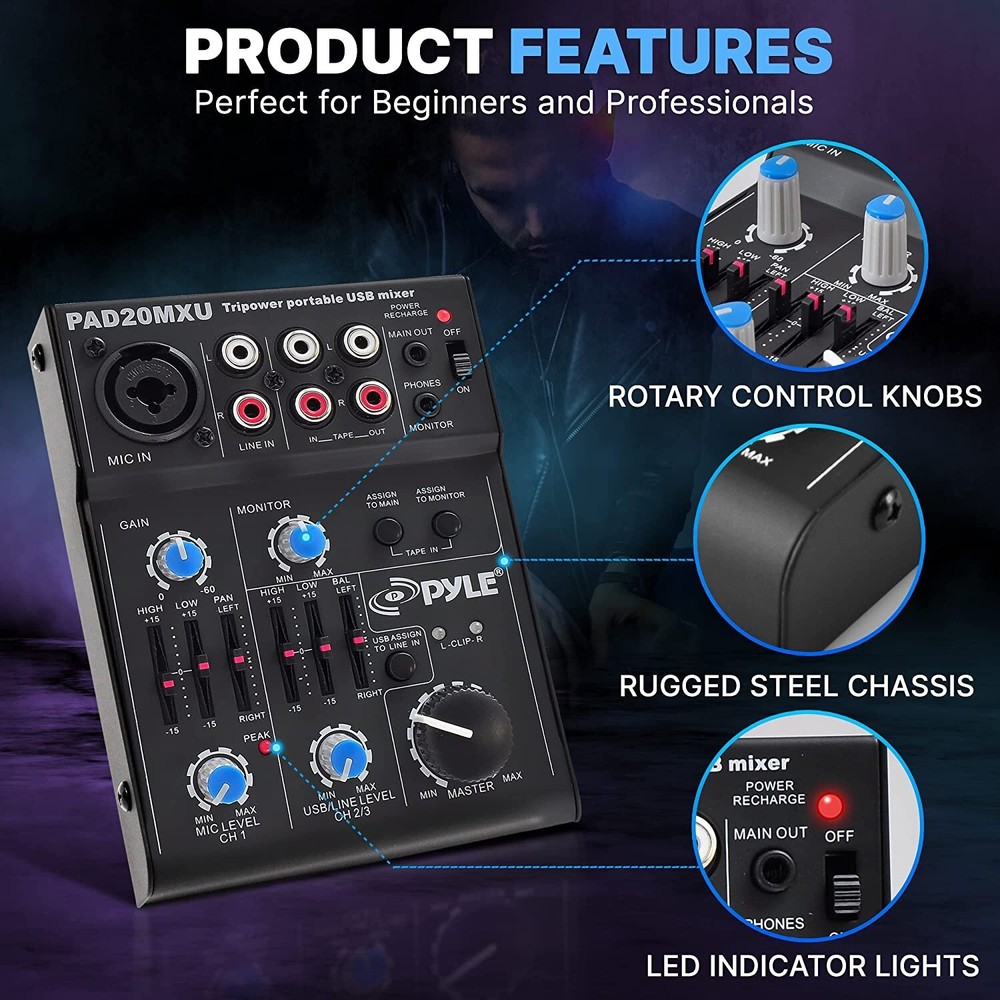 Pyle 5 Channel Professional Compact Audio Mixer with USB Interface PAD20MXU