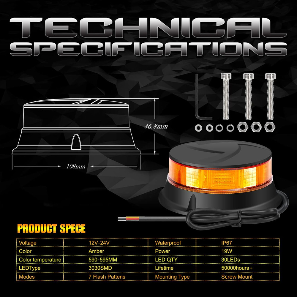 LED Amber Beacon Strobe Light, 4.2" Flashing Emergency Lights, Permanent Mount 3