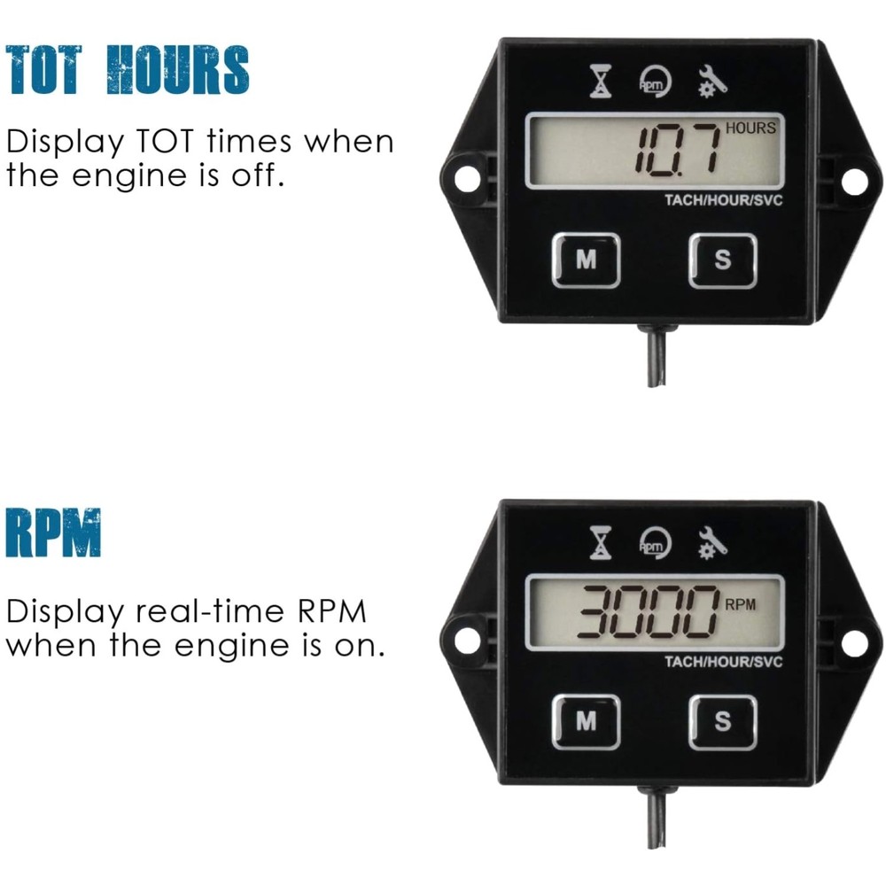 Small Engine Hour Meter - RPM Display, Maintenance Reminder