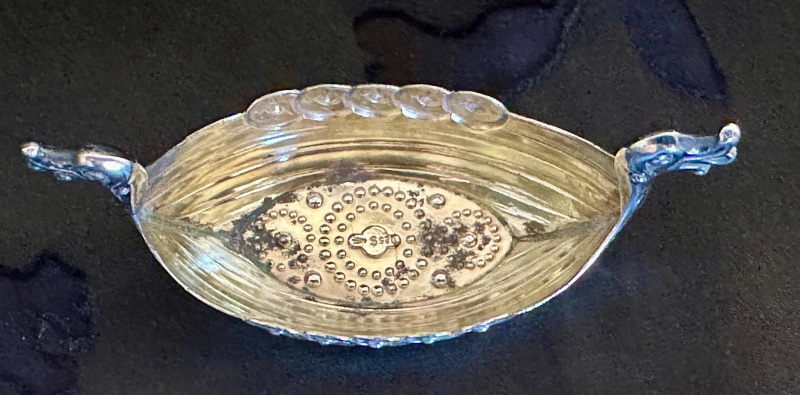 Vintage 925S Sterling Silver Viking Ship Salt Cellar Clear Glass Liner Insert