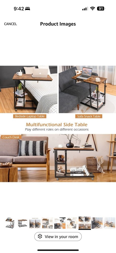 Tangkula Height Adjustable C Shaped End Table With Locking Wheels