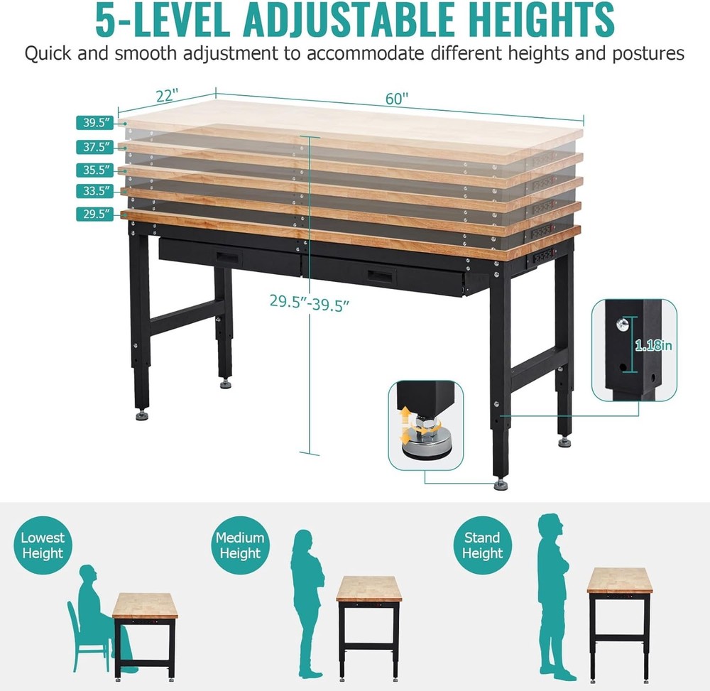 60 Inches Workbench Adjustable Height Work Bench w/ 2Drawers Pegboard Pad 3000LB