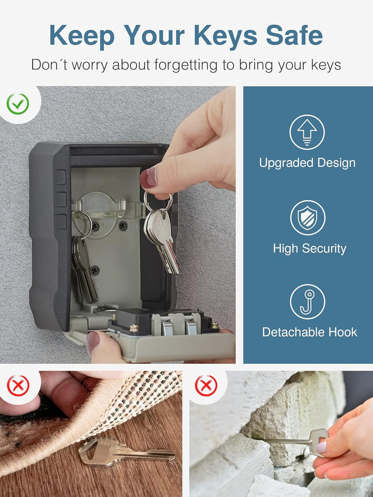 Key Lock Box with Key Hook, Resettable 4-Digit Combination, Waterproof Key Stora