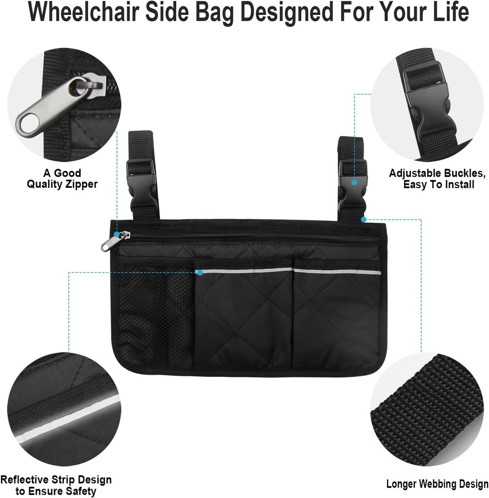 Versatile Wheelchair Side Bag with Safety Reflector & Effortless Accessibility