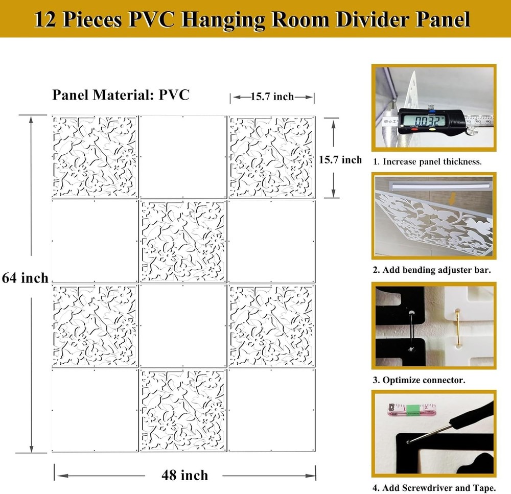 Hanging Room Divider Panel, 12 Pieces White Screen Panels Solid Board Cut Roo...