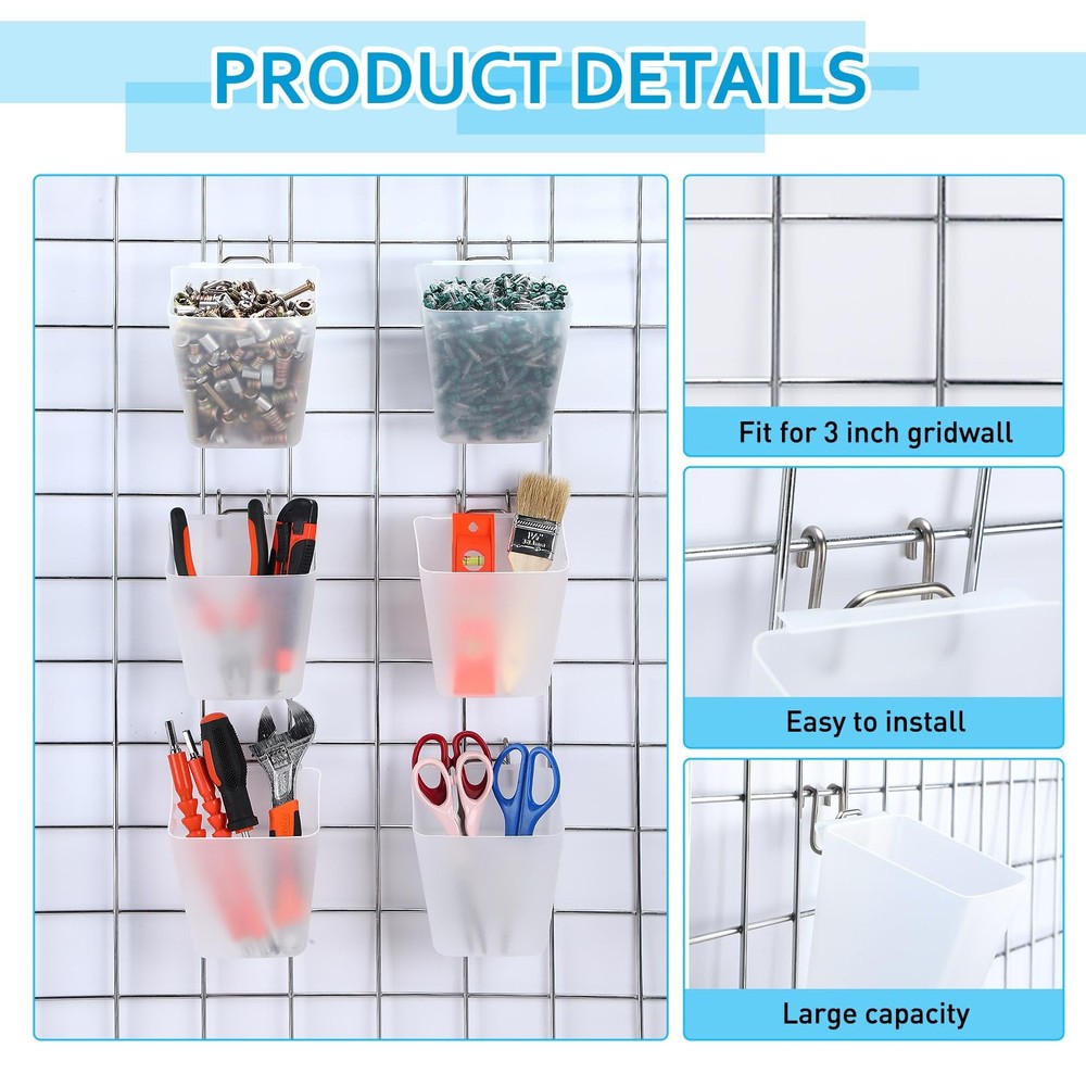 6 Pack Large Gridwall Cups Gridwall Storage Bin with Hooks Hanging Baskets Sq...