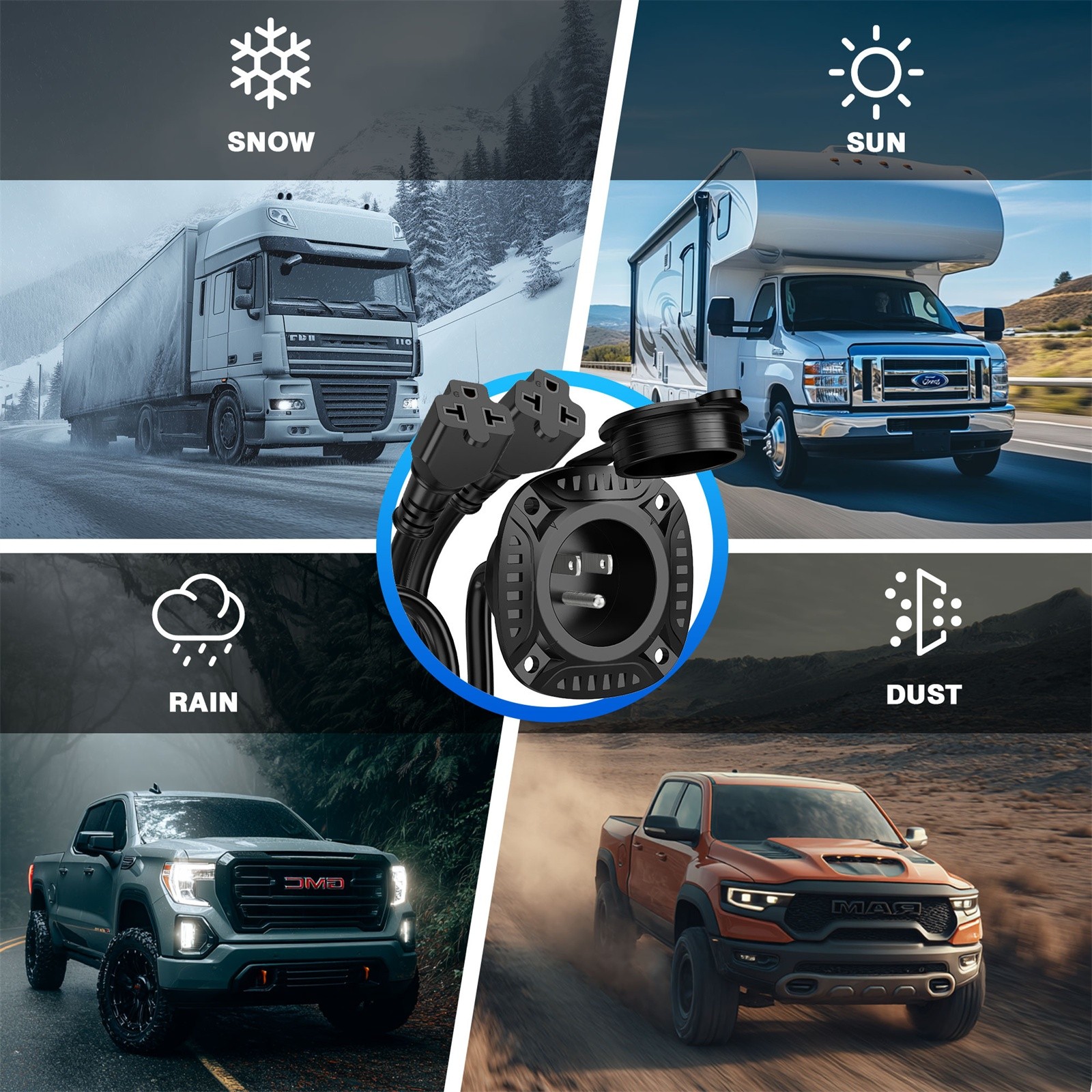 5-in-1 AC Port Plug 20A 125V, Dual 12 AWG Extension Cords for Trailer Truck Boat