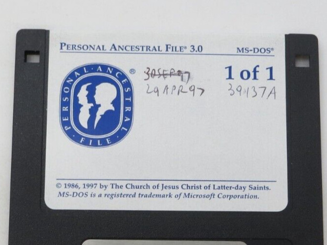 3.5" Floppy Disk Personal Ancestral File 3.0 MS-DOS LDS Software