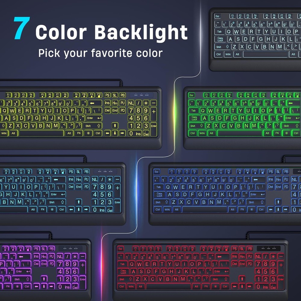 Large Print Keyboard - 7 Interchangeable Backlight Colors, Light Up USB Wired...