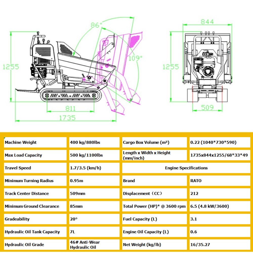 LandHonor 6.5HP Rato Engine Dumper Mini Crawler Tracked Self-Loading EPA