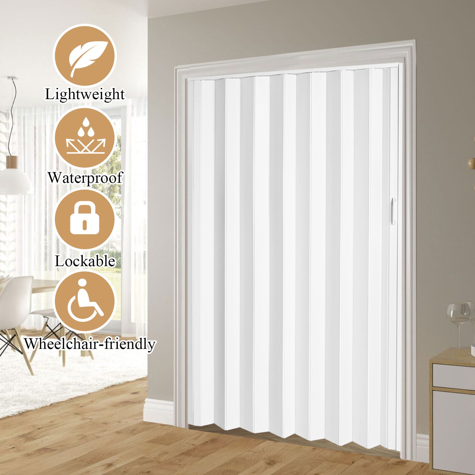 White 60x80in Interior PVC Accordion Folding Door With Mounting Hardware--
