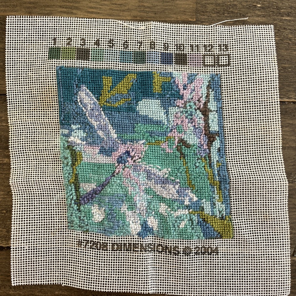 2004 COMPLETED Dimensions Mini Dragonfly Pastels Needlepoint 5”x5” **READ**