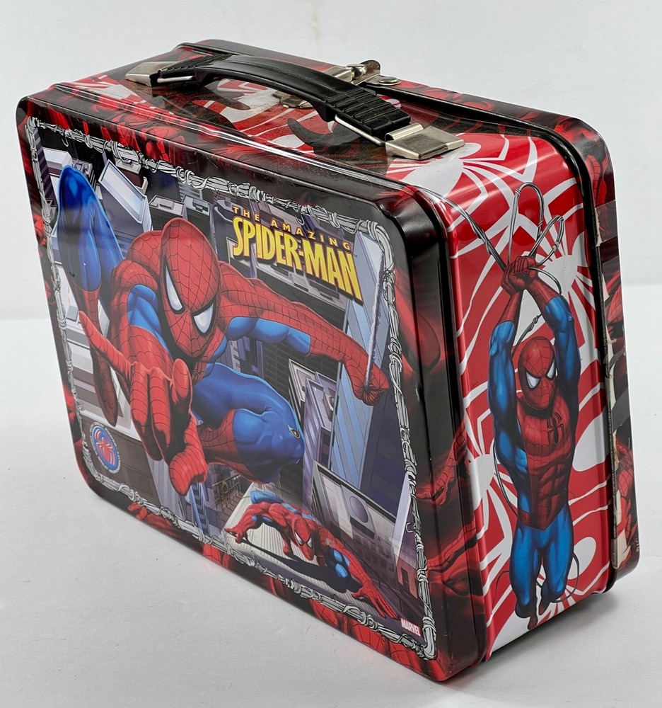 Spiderman Lunch Box Metal Embossed Black Handle