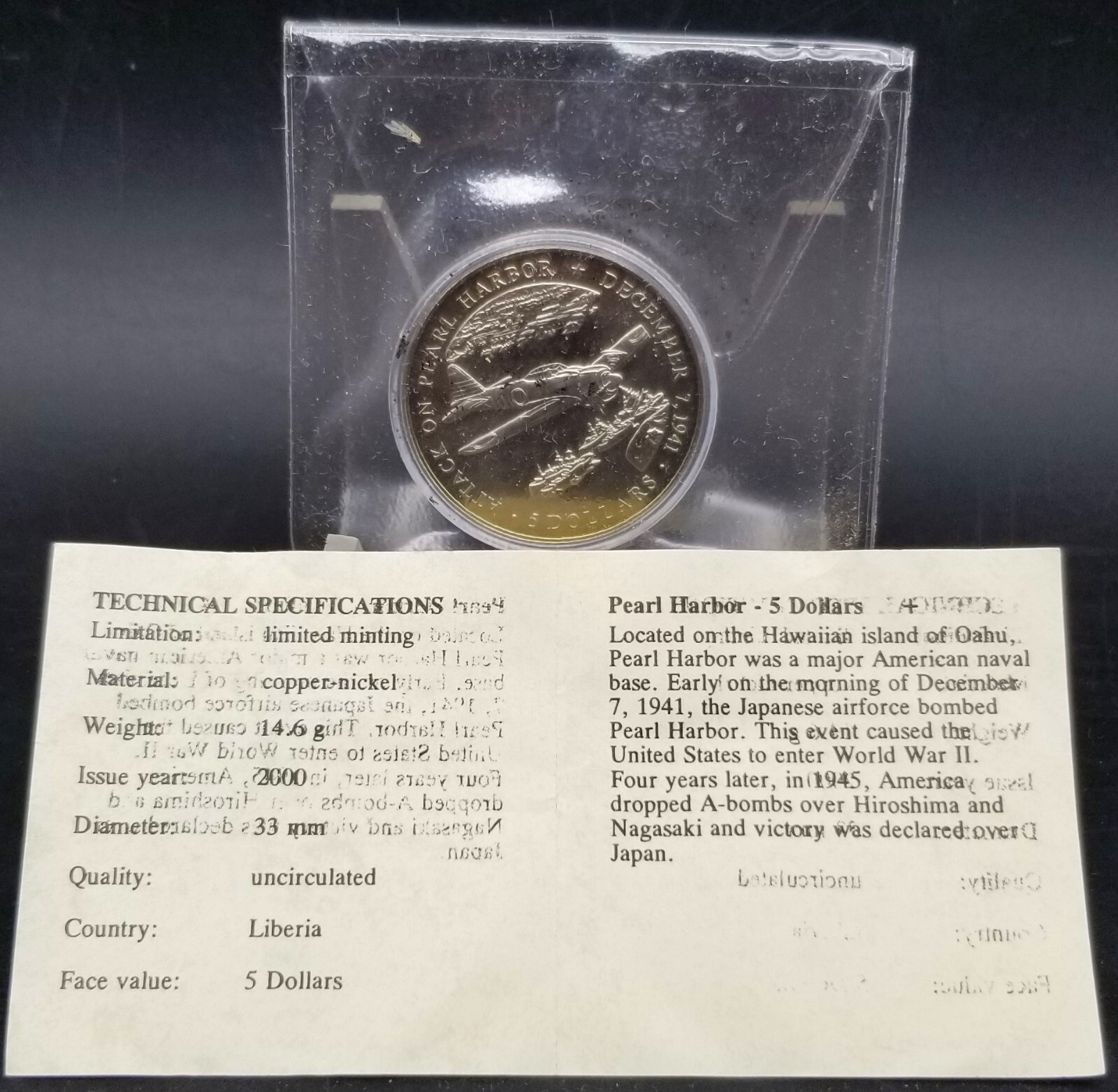 2000 Liberia 5 Dollars Attack on Pearl Harbor Uncirculated BU Coin #12151