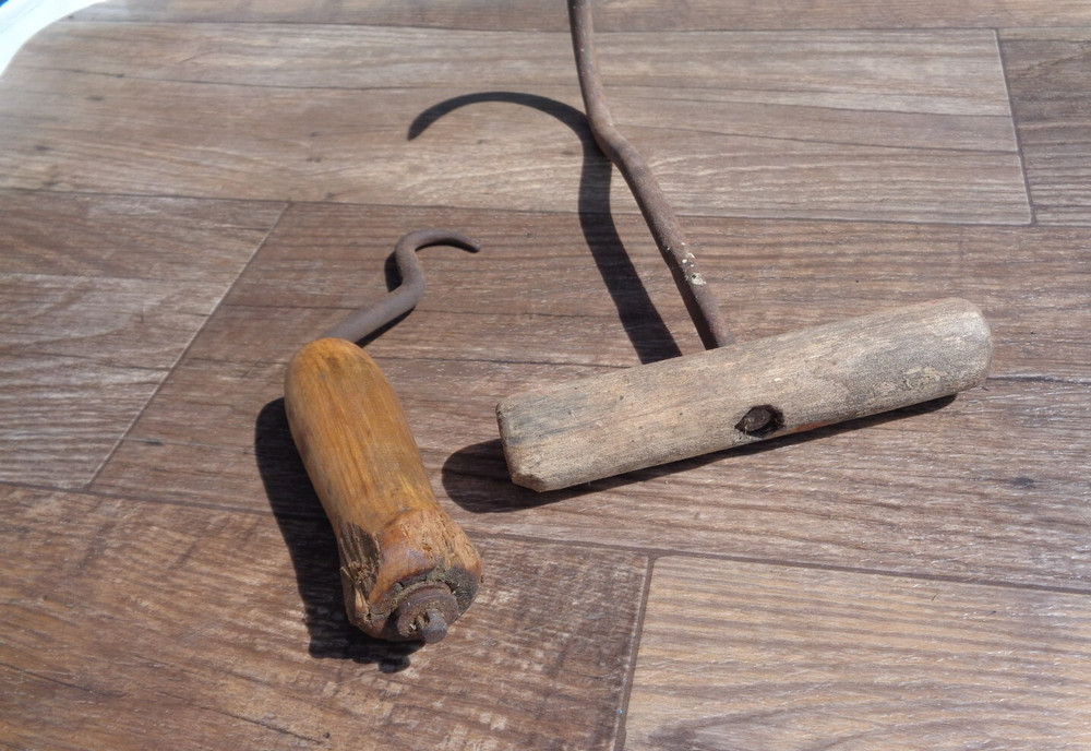 2 - Vintage Wood Handle Hay Hook Tools Rustic Primitive Display Tools