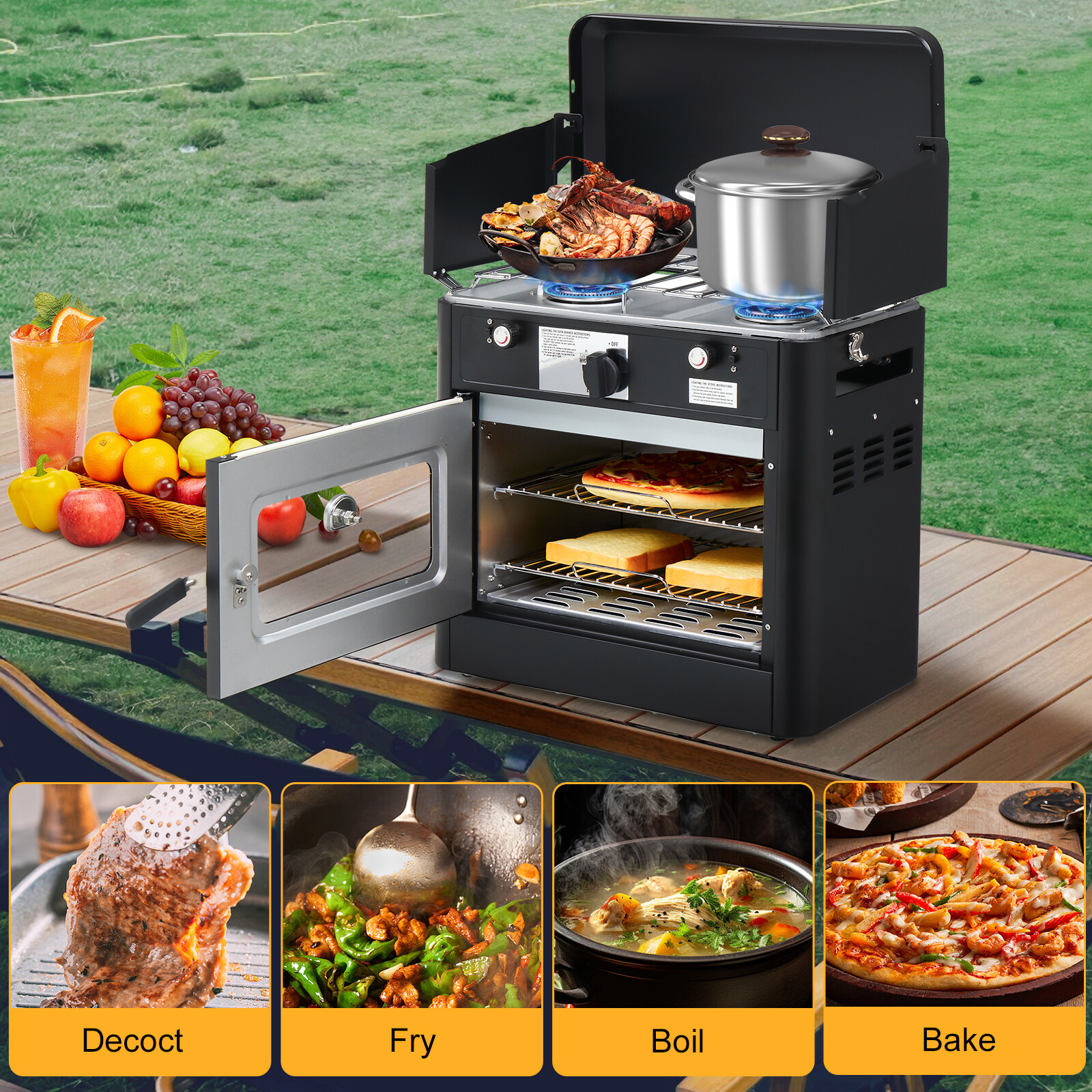 2-in-1 Portable Outdoor Camping 2 Burner Stove Propane Oven with Piezo Lgniter