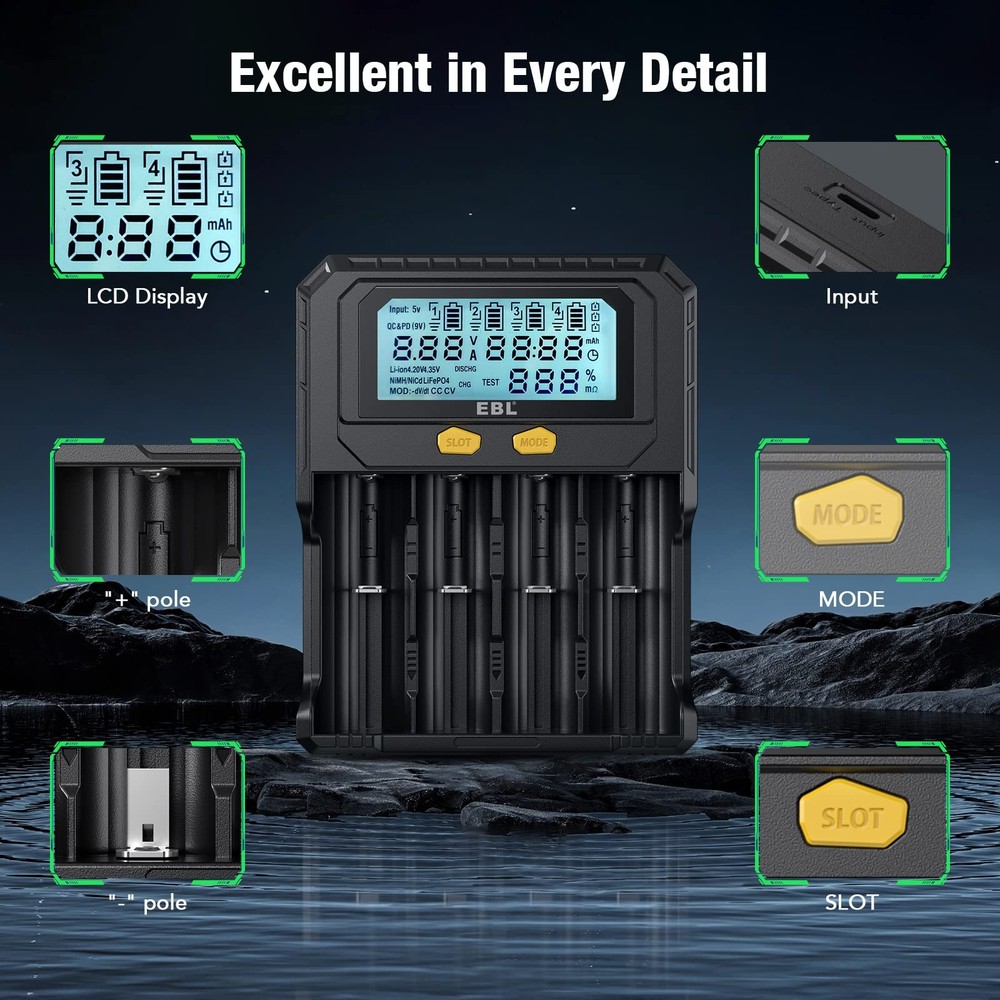 EBL 18650 Battery Charger with Discharge & Testing Functions, Universal...
