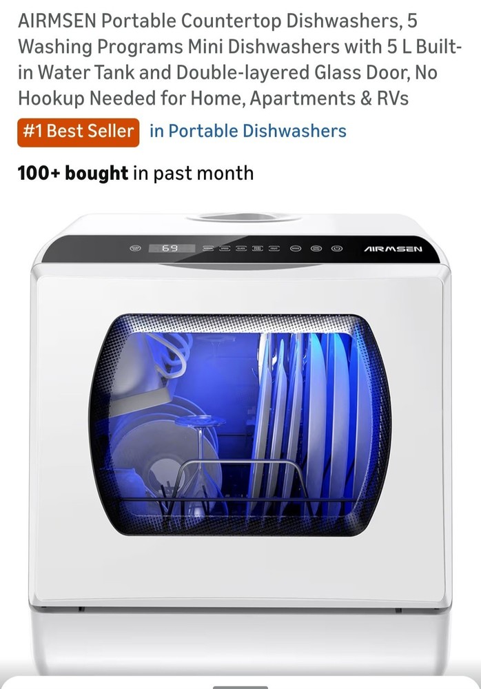 AIRMSEN Portable Countertop Dishwashers, 5 Washing Programs Mini Dishwashers wit