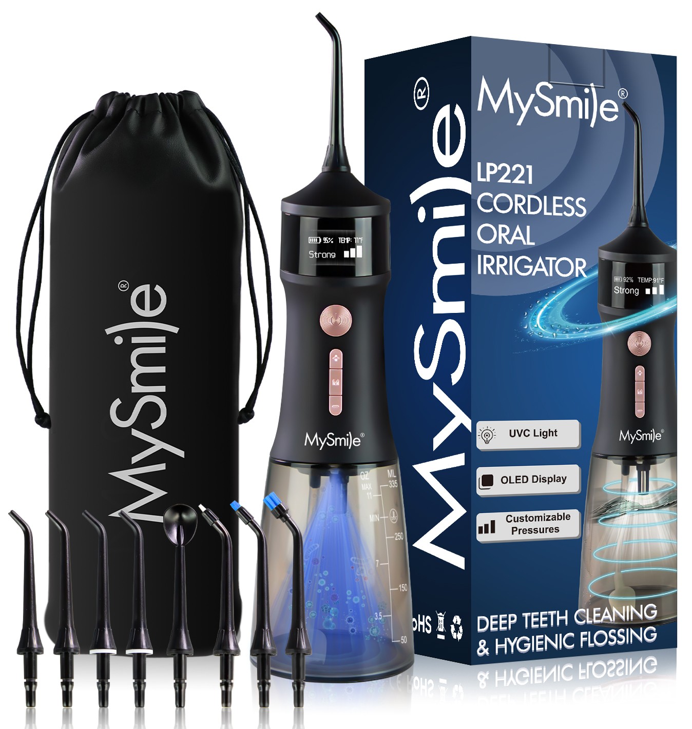 MySmile LP221 Cordless Oral Irrigator Water Flosser with UVC Sterilizable Black