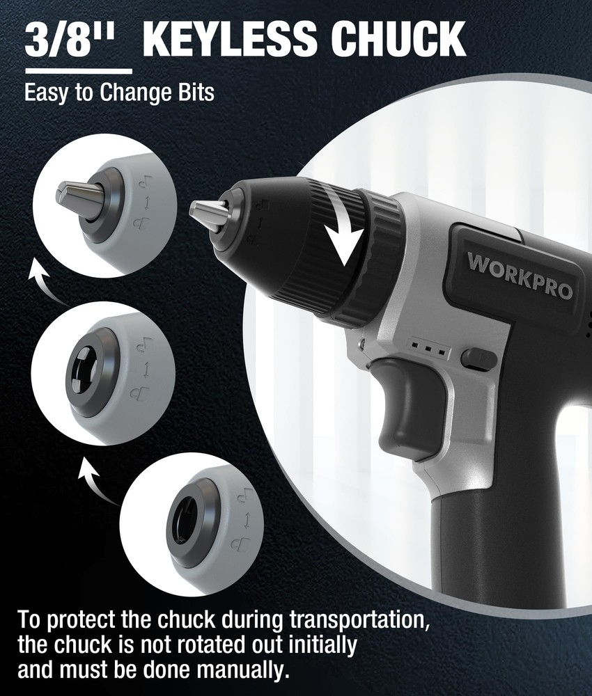 WORKPRO 8V Cordless Drill Set Electric Power Drill 3/8'' Keyless Chuck 15pc Bits